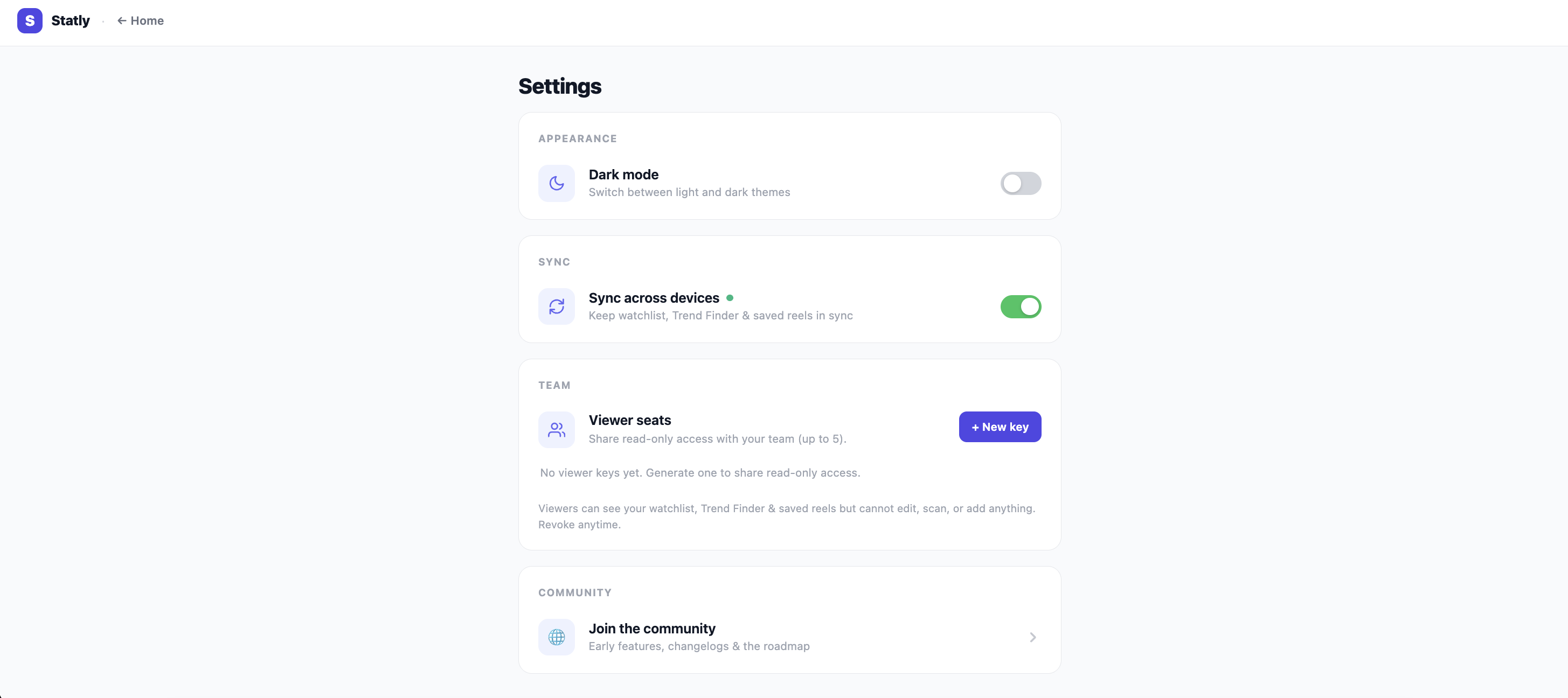The Settings panel: theme, sync and viewer seats