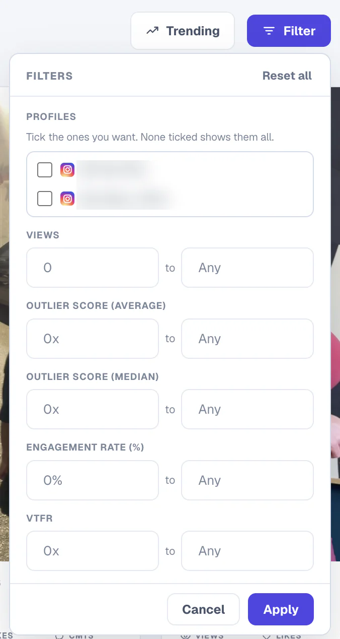Filter panel with profiles, views, outlier score, engagement rate and VTFR