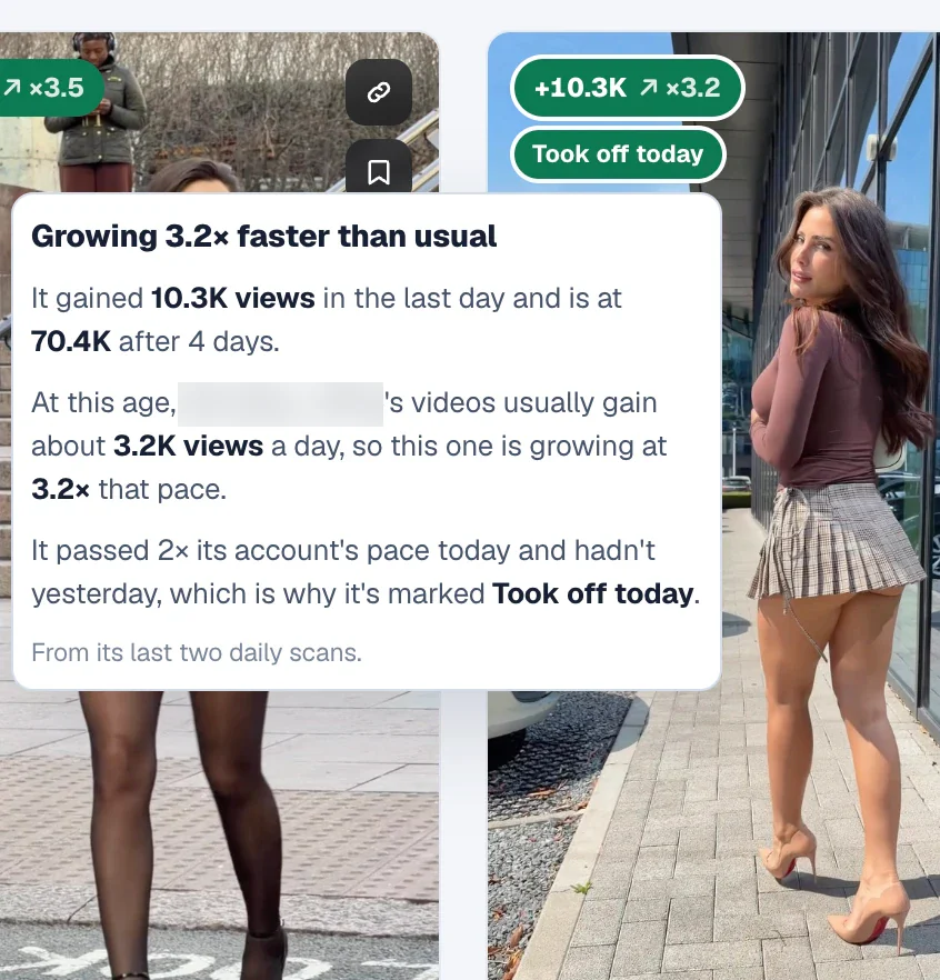 Took off today badge with an explanation of how fast a video is growing