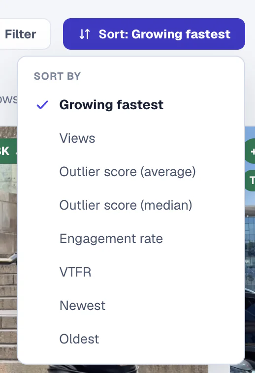 Sort menu with growing fastest, views, outlier score, engagement rate, VTFR, newest and oldest