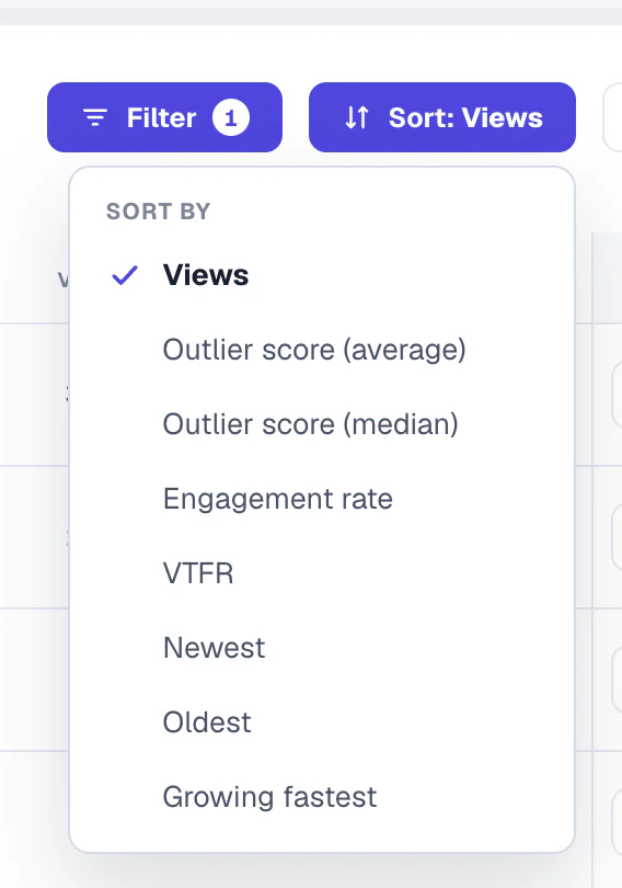 Sort menu with views, outlier score, engagement rate, VTFR, newest, oldest and growing fastest